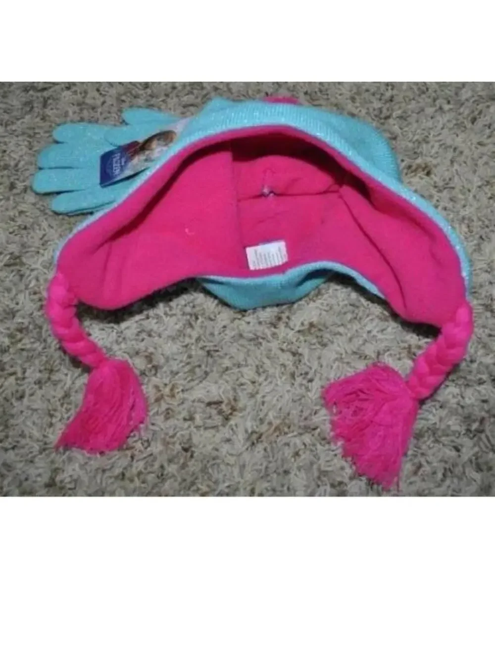 Girls Disney Frozen Elsa Hat & Gloves Blue Pink Trapper Winter 2 Pc Set Kids